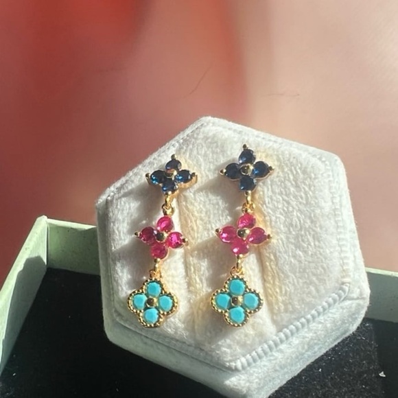 14kt gold plated clover multicolor ruby turquoise sapphire crystal earrings#338 - Picture 9 of 12